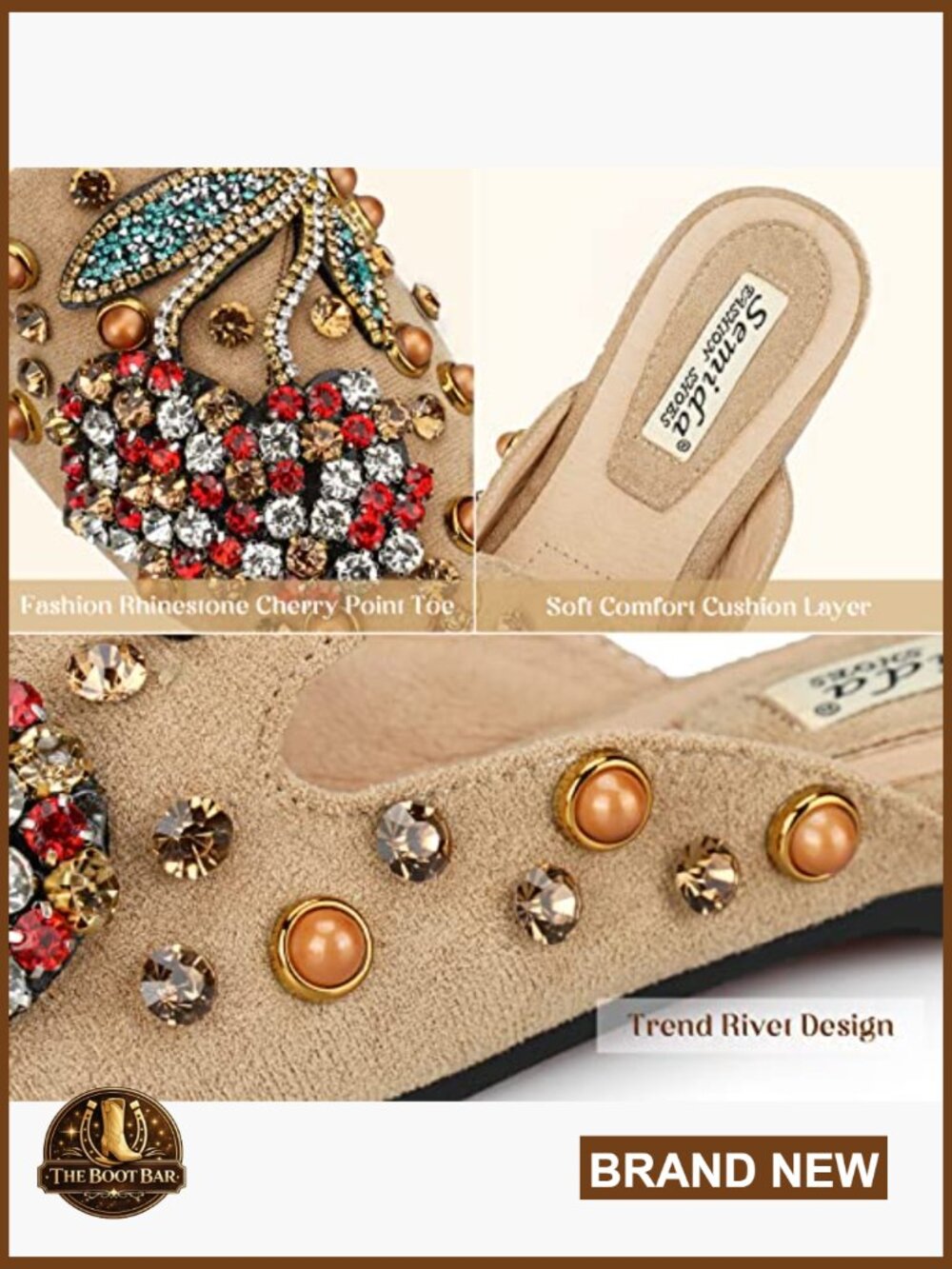 Women's Pointed Toe Mules with Memory Foam Insole, Rhinestone Rivet Flats - Picture 5 of 5
